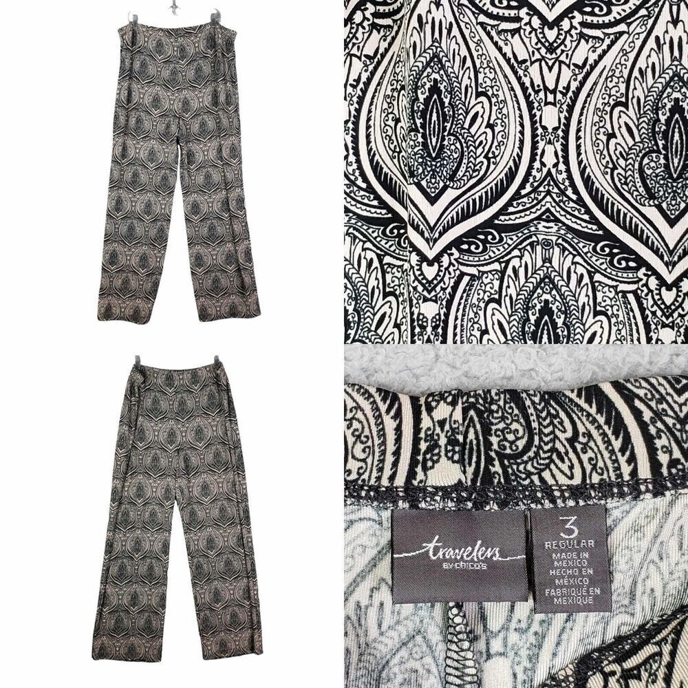 Chico's Black & Cream Paisley-Style Straight Leg Pants